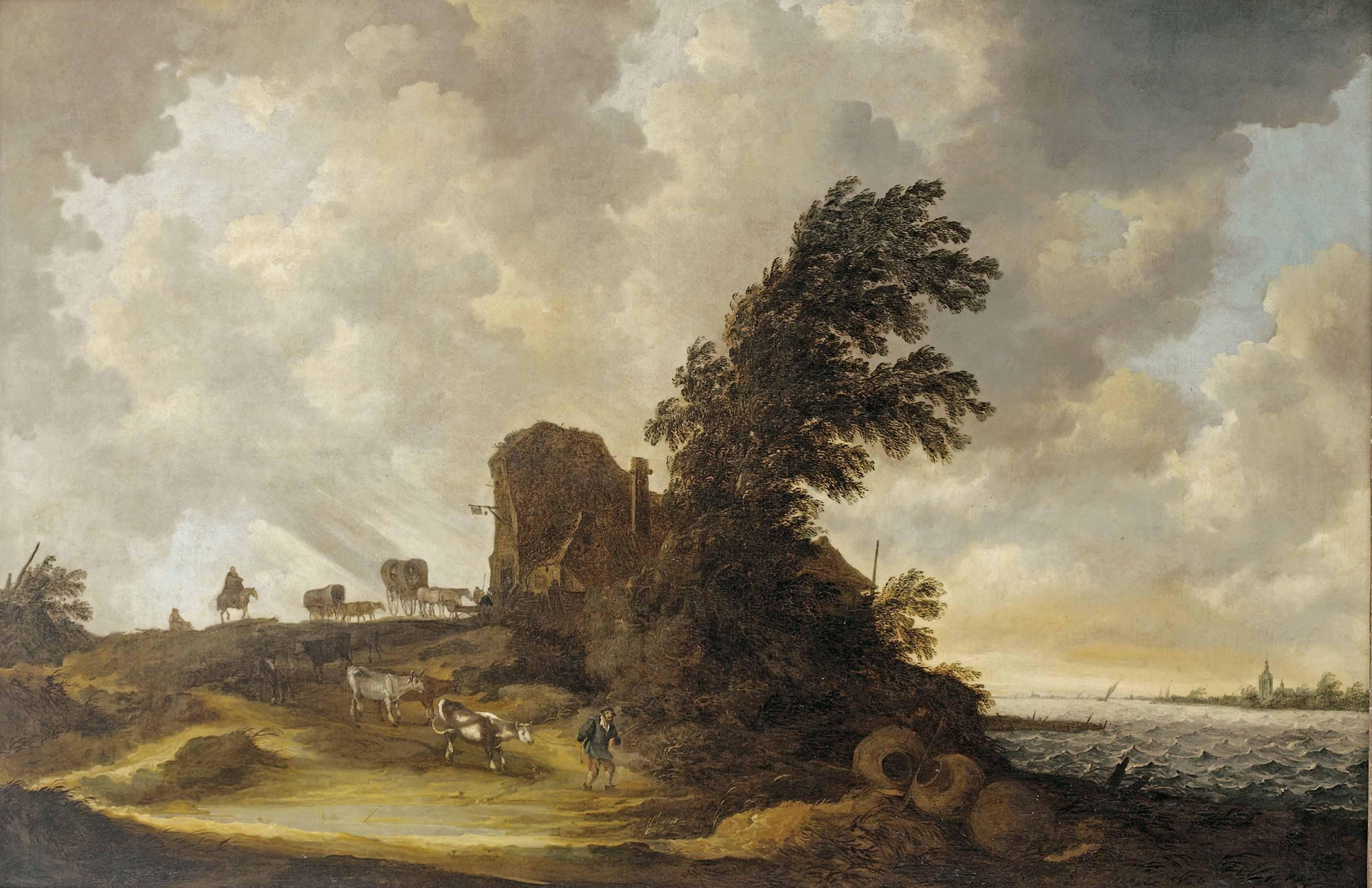 Maerten Fransz. Van Der Hulst - A River Landscape With Travellers By An Inn And A Herdsman With His Cattle In A Strong Breeze