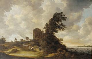 Maerten Fransz. Van Der Hulst - A River Landscape With Travellers By An Inn And A Herdsman With His Cattle In A Strong Breeze