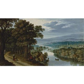 Maerten Ryckaert - A Panoramic Mountainous River Landscape With Figures On A Path, A Village And Fishermen Beyond