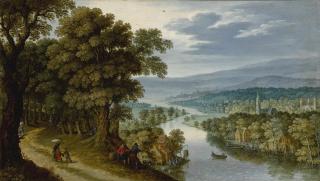 Maerten Ryckaert - A Panoramic Mountainous River Landscape With Figures On A Path, A Village And Fishermen Beyond