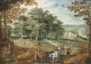 Maerten Ryckaert - A wooded landscape with travellers and a cart