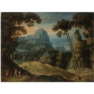 Maerten Ryckaert - An Extensive Hilly Landscape With A Town In A Valley And A Castle In The Midground.