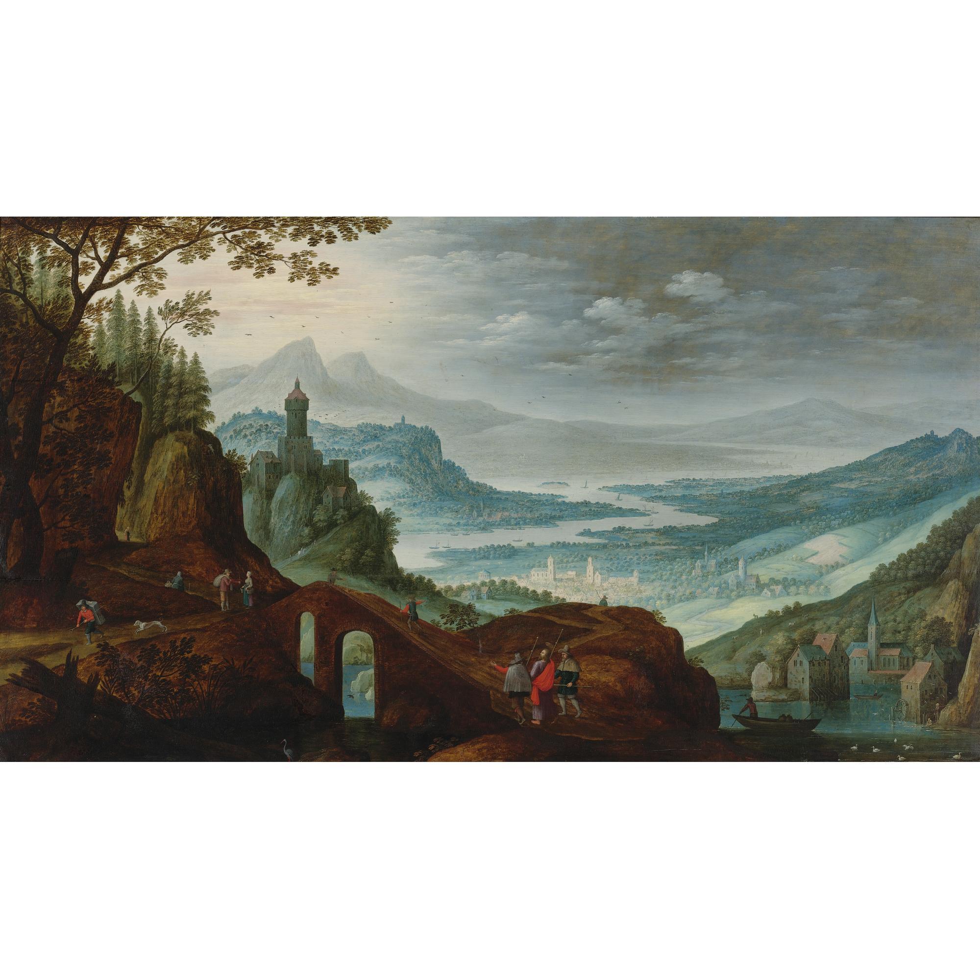 Maerten Ryckaert - Extensive River Landscape With Christ On The Road To Emmaus