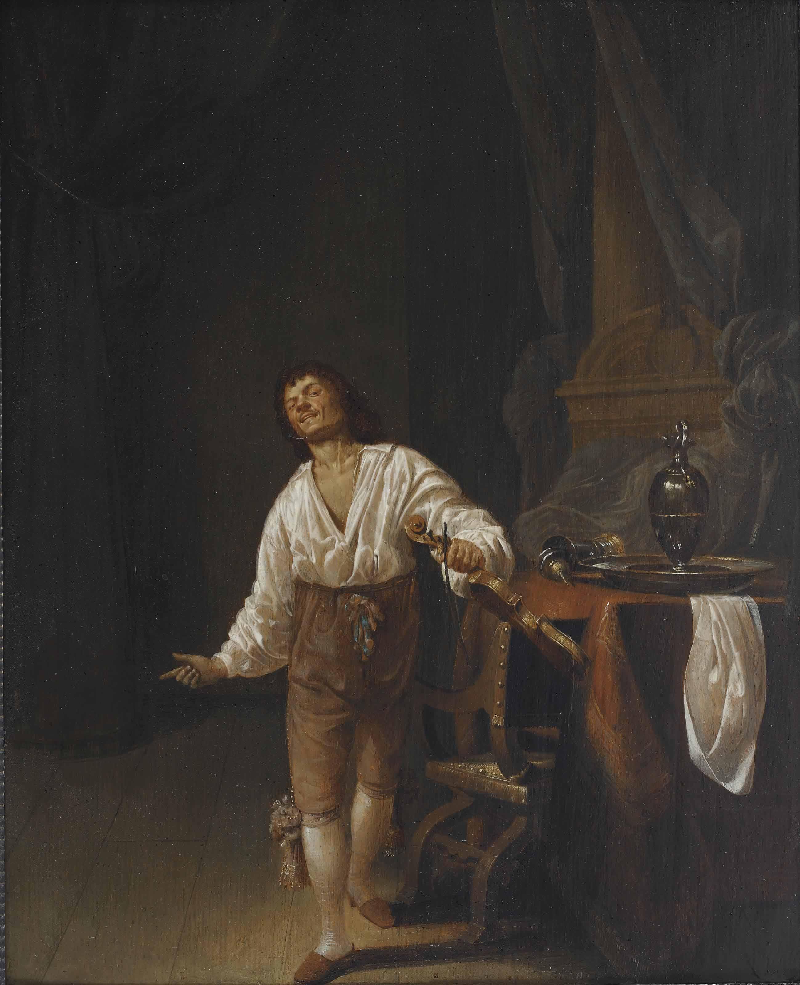 Maerten Stoop - A violin player in an interior with a pewter tankard, jug and platter on a table before a column