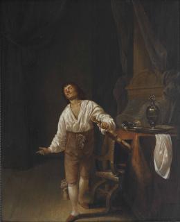 Maerten Stoop - A violin player in an interior with a pewter tankard, jug and platter on a table before a column