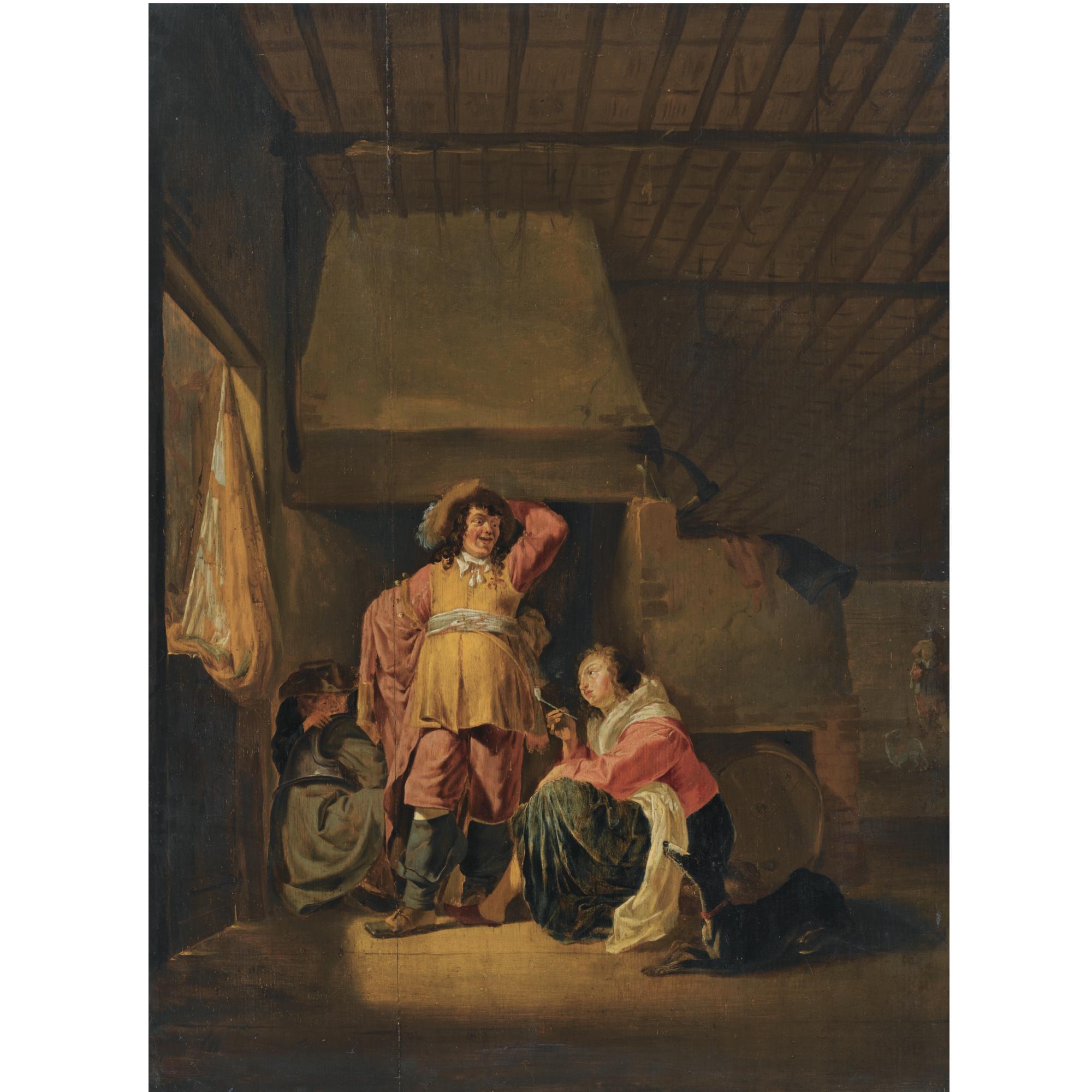 Maerten Stoop - An Interior Scene With A Officer And A Seated Woman Smoking A Pipe