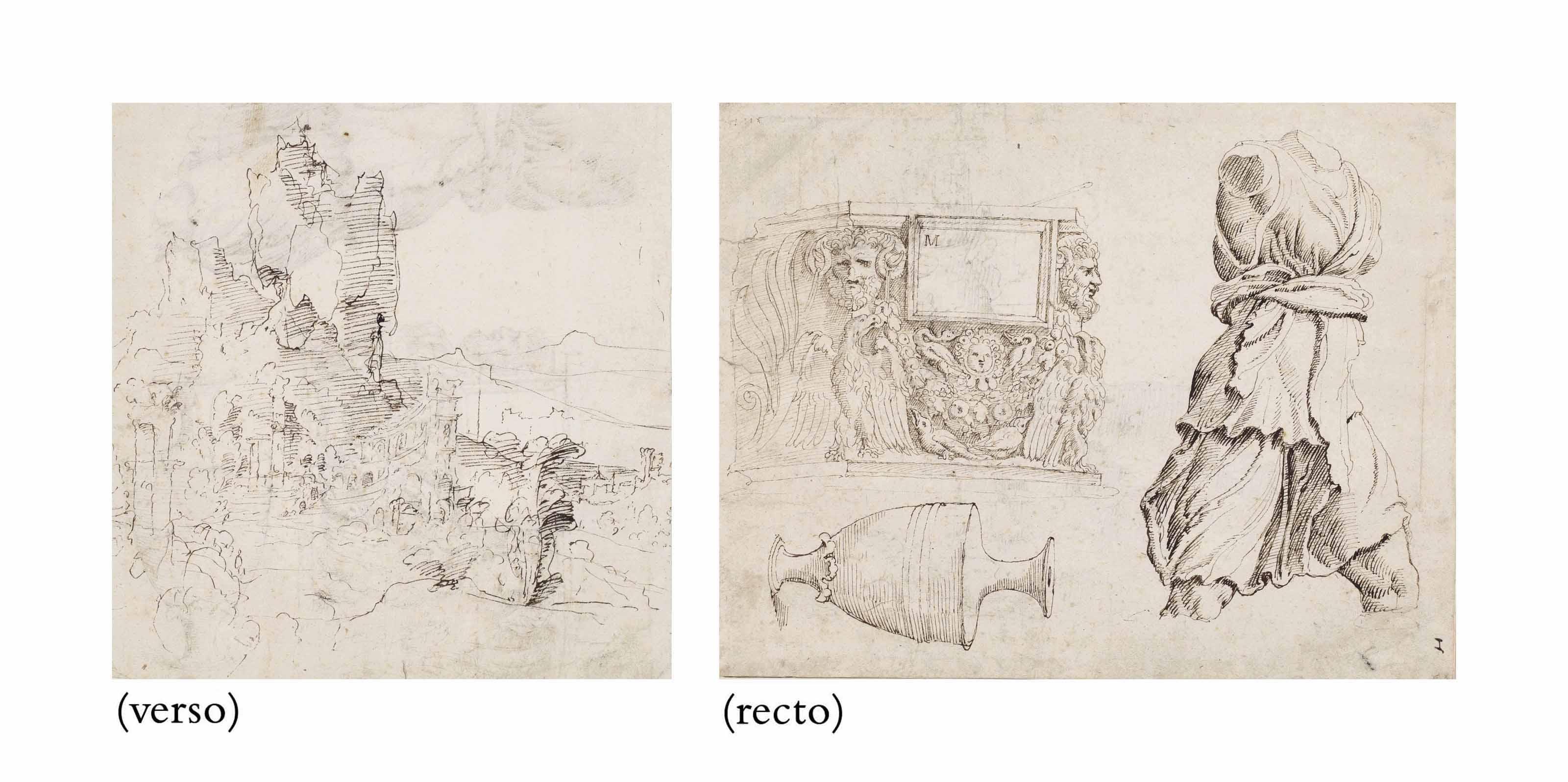 Maerten Van Heemskerck - Studies of Roman sculpture: A fragment of a sarcophagus, an antique vase and a torso of Artemis (recto); A fantastical mountainous landscape with ruins (verso)