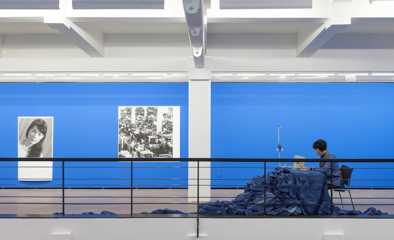 Performative Installation, Denim fabric, sewing machine, photography;  Installation view at HUGO BOSS Asia Art, Rockbund Art Museum, Shanghai, 30.10 2015-03.01 2016