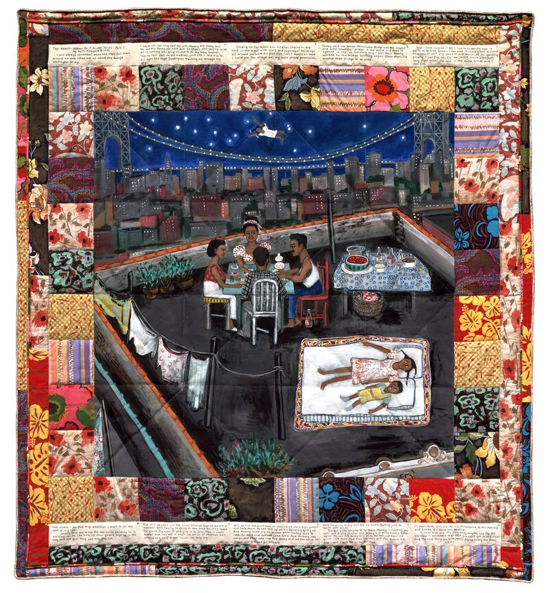 Faith Ringgold, Woman on a Bridge #1 of 5: Tar Beach, 1988. Acrylic paint, canvas, printed fabric, ink, and thread