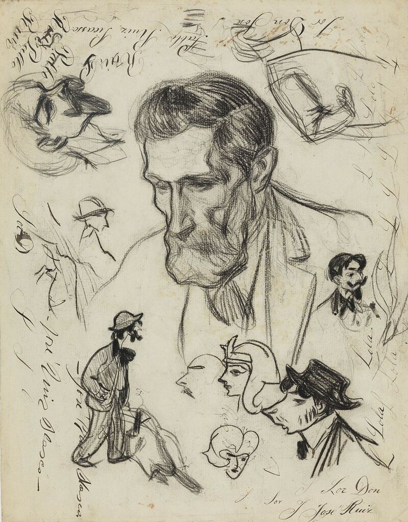 Pablo Picasso, The Artist\'s Father, Joaquim Mir, Carles Casagemas and Various Caricatures, 1899-1900