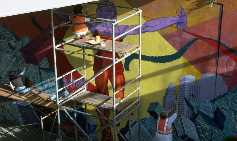 Artist Judith F. Baca at work on Hitting the Wall