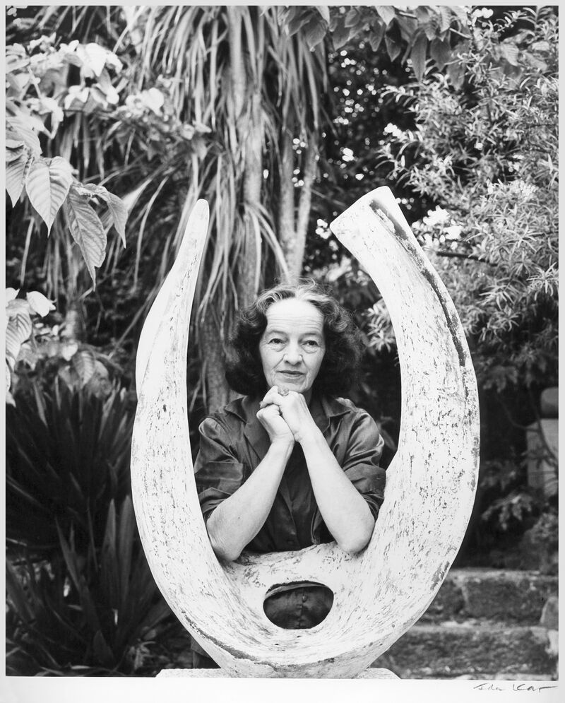 Barbara Hepworth with Curved Form (Trevalgan) in the garden of Trewyn Studio, St Ives