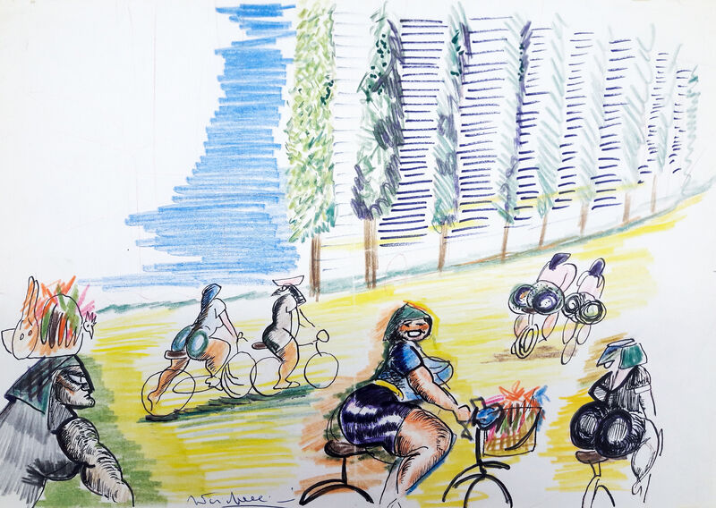 Federico Fellini, Ohne Titel (Abfahrt der Marktfrauen), 1972–1973 (Amarcord), Filzstift und Fineliner, 25 x 35,2 cm