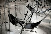 Monica Bonvicini, Never Again, 2005, Galvanized steel pipes, black leather, black leather men\'s belts, galvanized chains, clamps