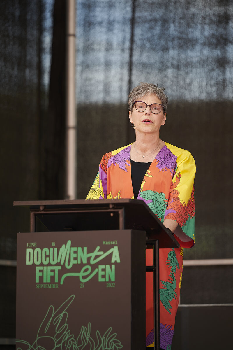 documenta fifteen: Sabine Schormann auf einer Pressekonferenz im Auestadion Kassel am 15. Juni 2022.