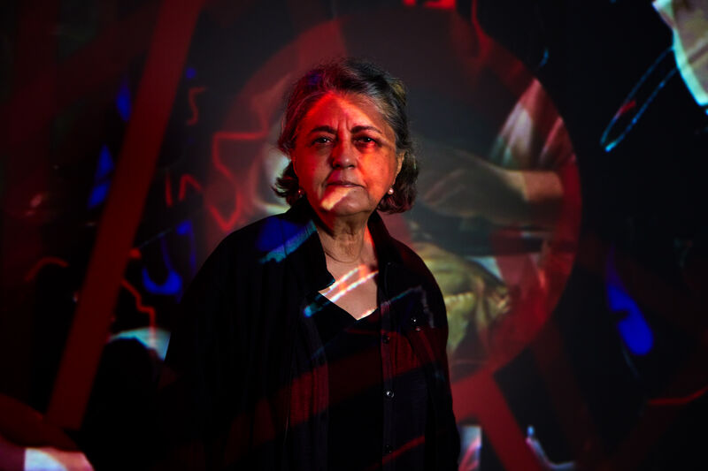 Nalini Malani in front of her new work My Reality is Different, 2022