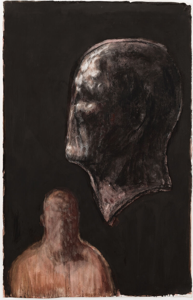 Ofer Lellouche, Portrait of the Artist with a Bust of his Father, 2019, Mischtechnik auf Papier