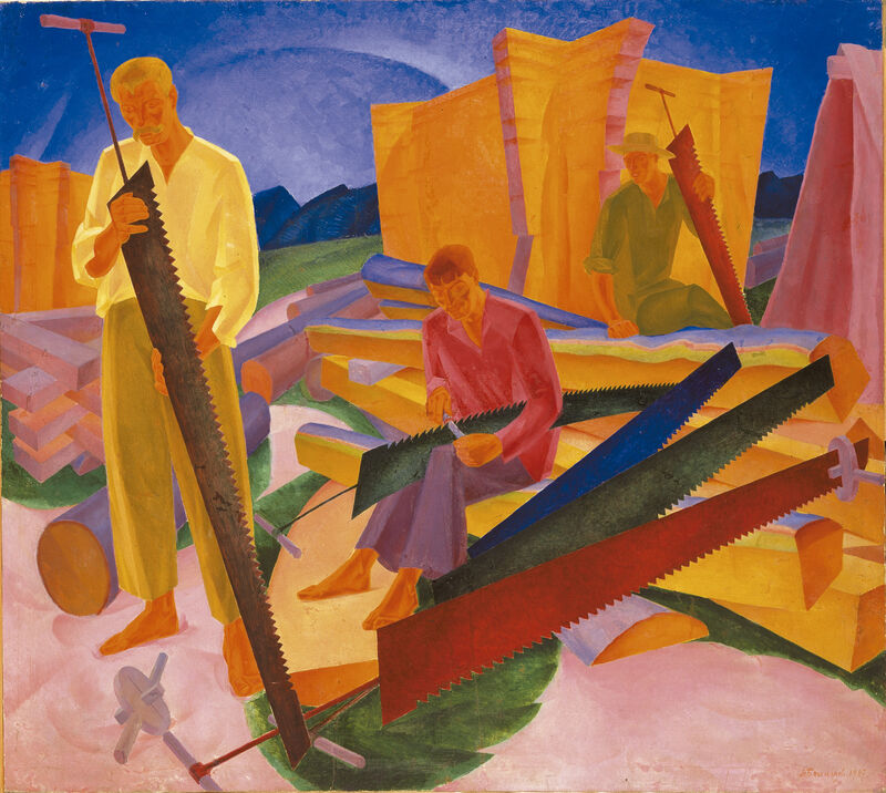 Bohomazow  Oleksandr Bohomazow, Schärfen der Sägen, 1927 Öl auf Leinwand 138 x 155 cm.