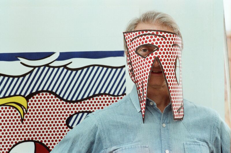 Roy Lichtenstein wearing a mask cut out from one of his proofs for the Paintings Series, 1983 Sidney B. Felsen (American, b. 1924)