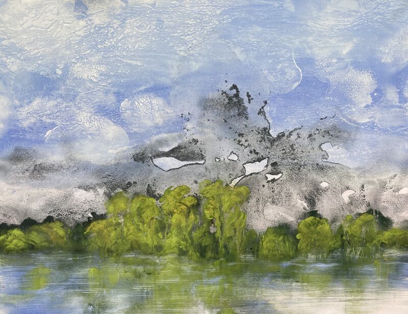 Marianne Hopf, Uferlandschaft I, Pigmente, Acryl auf Leinwand, 100 x 130 cm, 2024