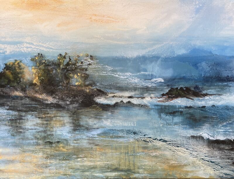 Marianne Hopf, Uferlandschaft II, Pigmente, Acryl auf Leinwand, 100 x 130 cm, 2024