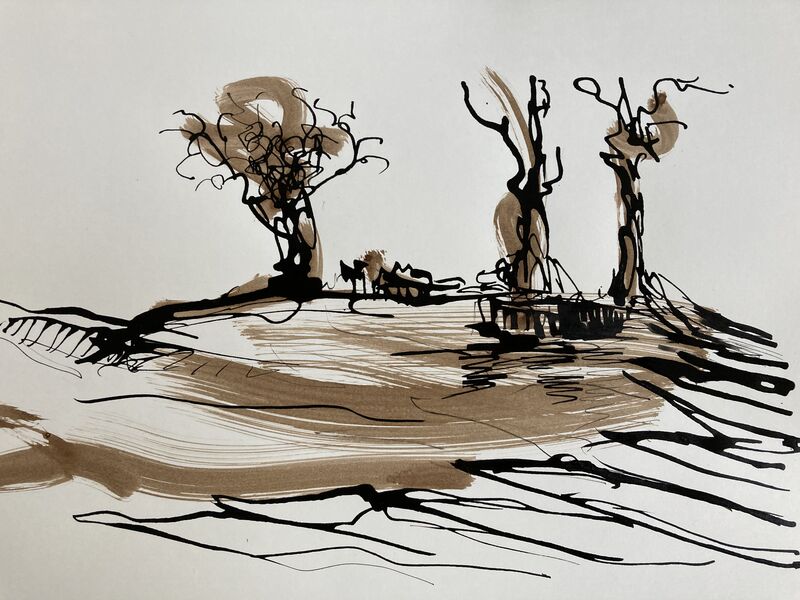 Marianne Hopf, Zeichnung, Tusche, Moorlauge, 2024
