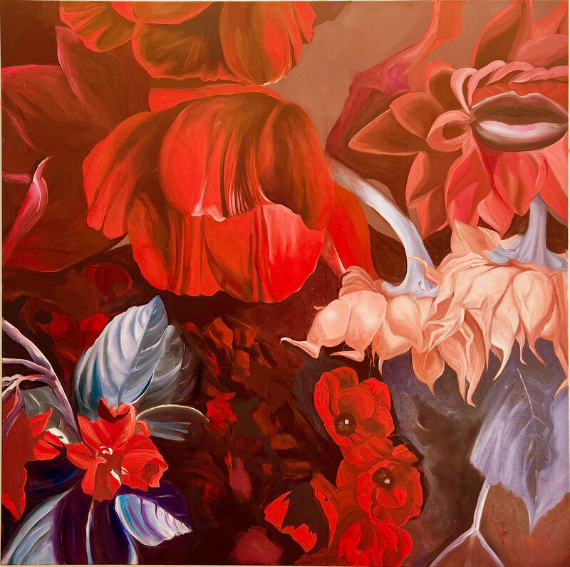 Katharina Moser, blossoms of a hidden voice, 2025, 150 x 150 cm, Öl auf Leinwand