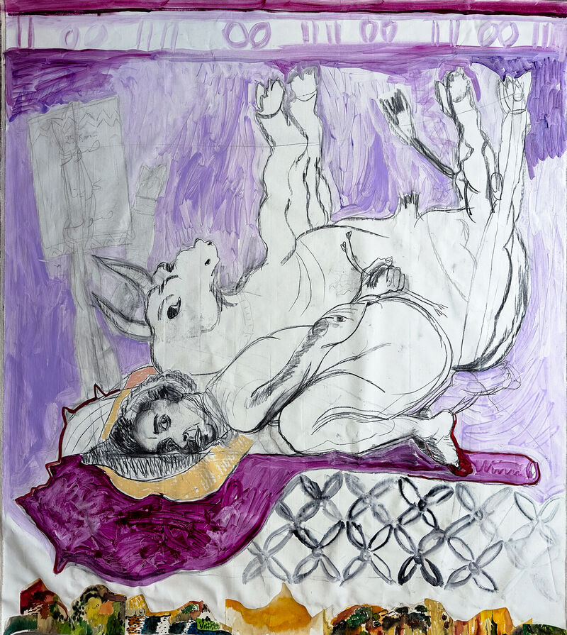 Mounira Al Solh, A Dance with her Myth, 2024, charcoal, collage and oil paint on canvas, 234 x 215 cm