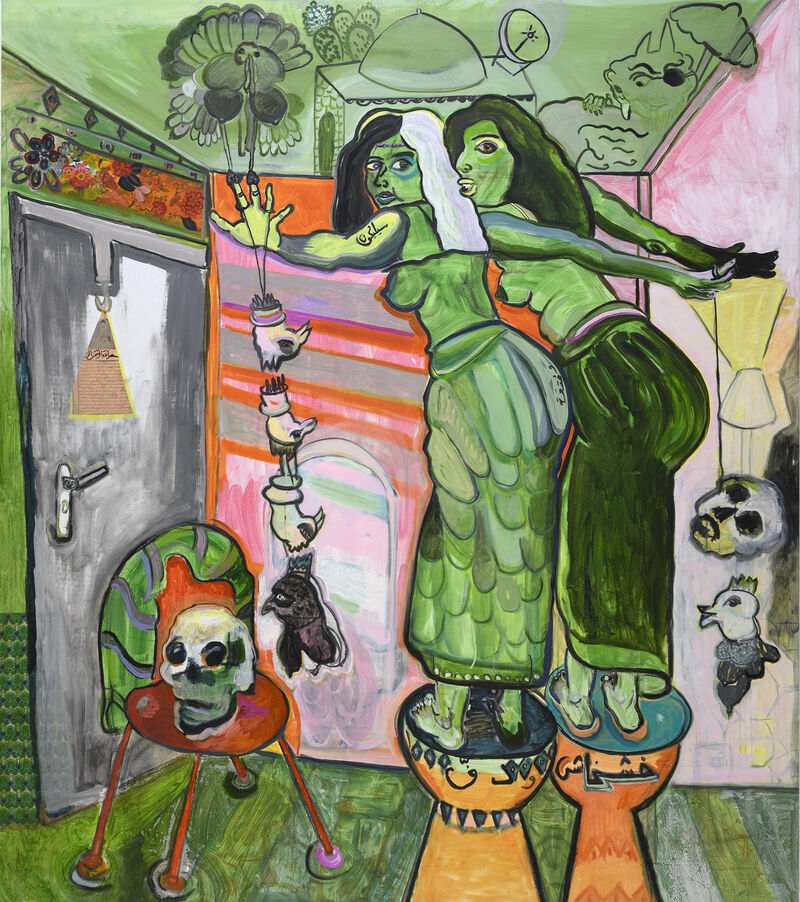 Mounira Al Solh, Silicone, Poppies and a Couple of Invisible Deffs, 2022, oil and collage on canvas, 230 x 206 cm