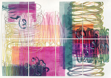 Henning Haupt, Five Sets of Magenta and Space, 2023, 5 painted cutouts, 34 sheets, each 100×65 cm, oil and wax pastel on bristol paper