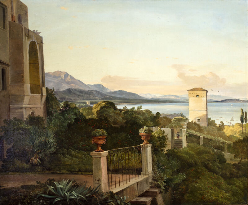 Friedrich Nerly, Villa in italienischer Landschaft, mit Blick auf Meeresbucht (Mola di Gaeta), 1835