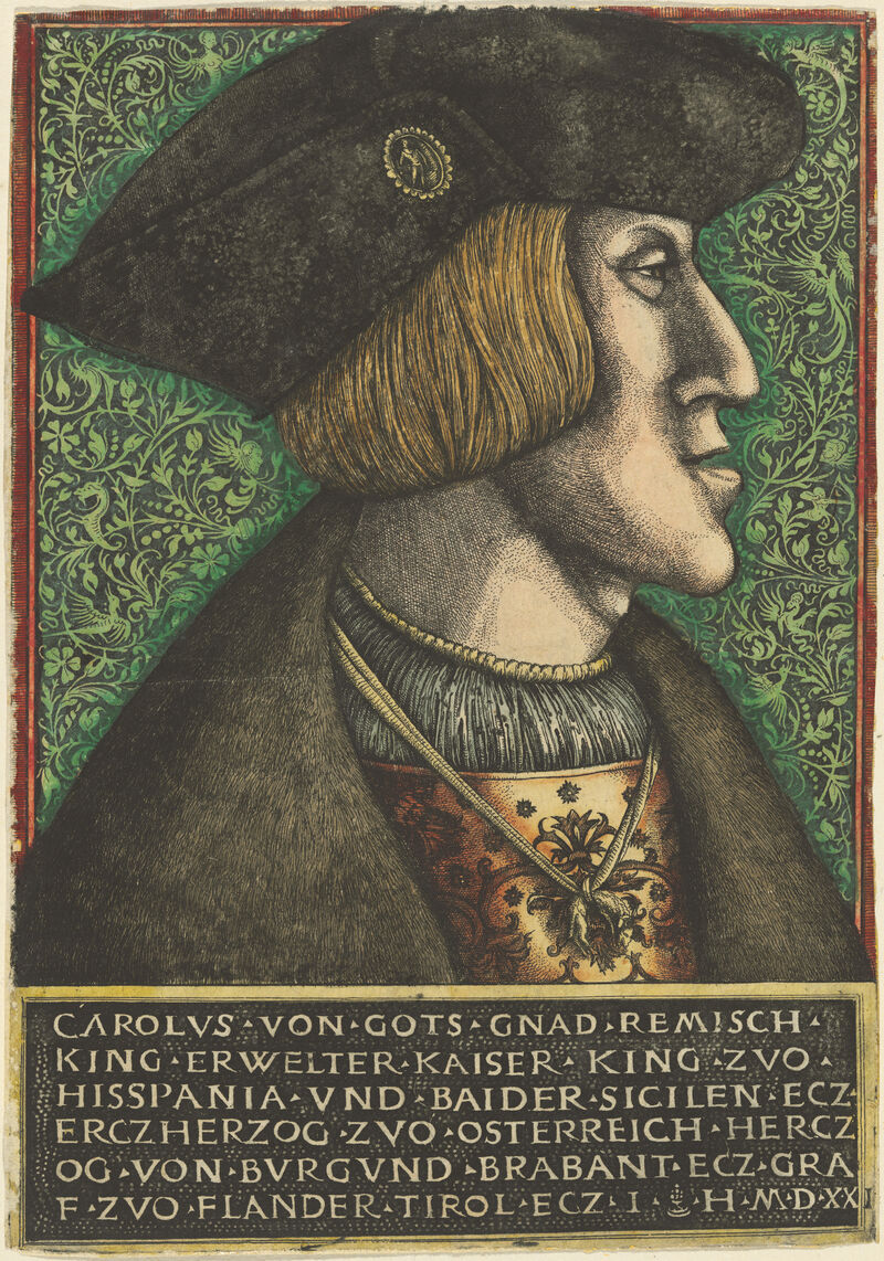 Daniel Hopfer and Hieronymus Hopfer, Emperor Charles V, 1520 (1521?), etching (iron) with open biting and unique contemporary hand-coloring in green, red, yellow, pink andbrownplate