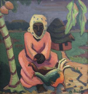 Maggie Laubser - South African Landscape With Hut, Fowls, Pawpaw Tree And Seated Figure