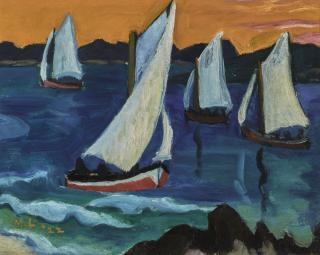 Maggie Laubser - South Africanseascape With Four Boats (Recto), Portrait Of Arnold Balwe (Verso)