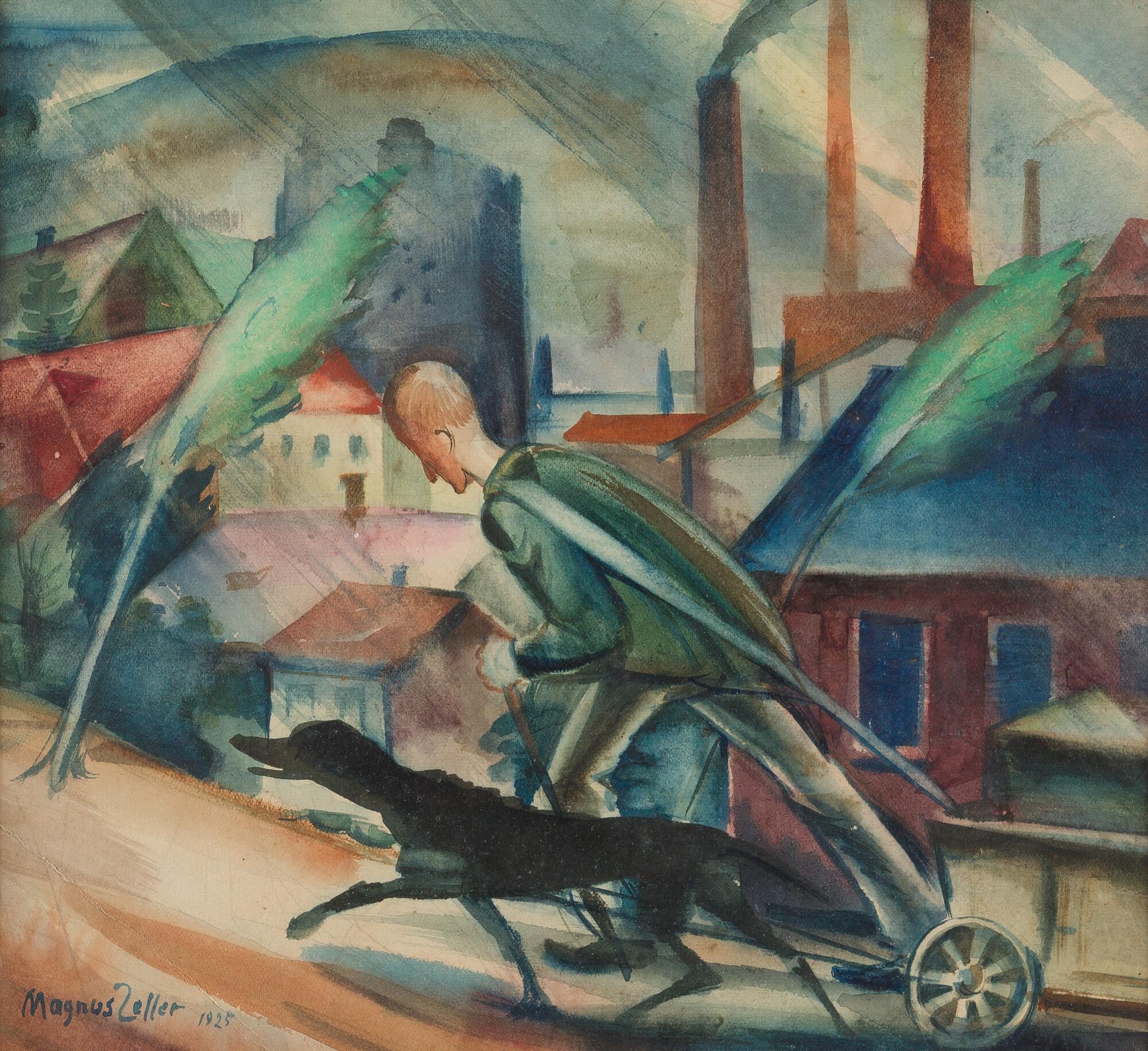 Magnus Zeller - Mann mit Leiterwagen und Hund.