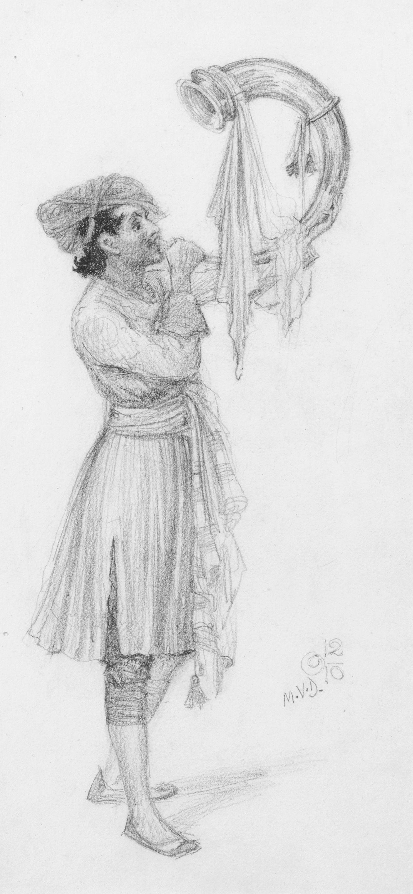 Mahadev Viswanath Dhurandhar - Two drawings: A Maratha warrior with a tutari, or chieftain\'s horn; a girl carrying a matka, the first dated 1910