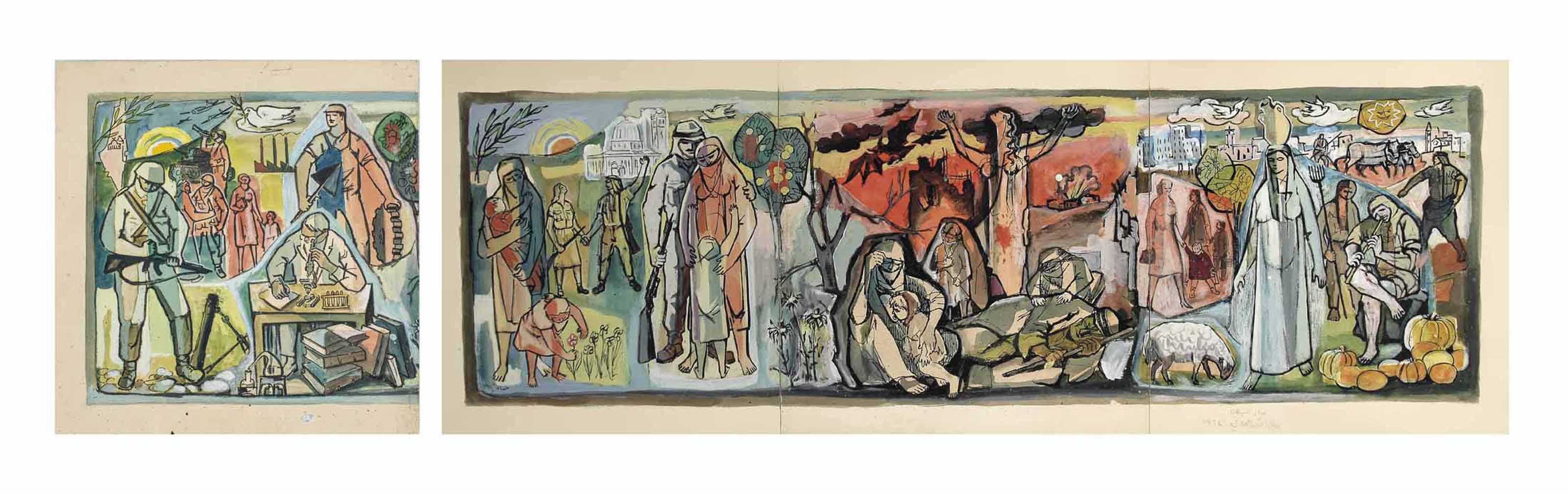 Mahmoud Hammad - (I) Palestine Pavillion, Damascus International Fair (Study)  (Ii) Palestine Pavillion, Damascus International Fair (Study); Alternative Left Panel