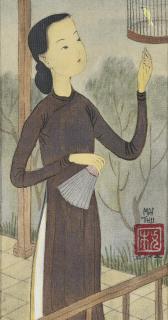 Mai Trung Thu - Femme à l\'Éventail et à l\'Oiseau (Lady with a Fan and a Bird)