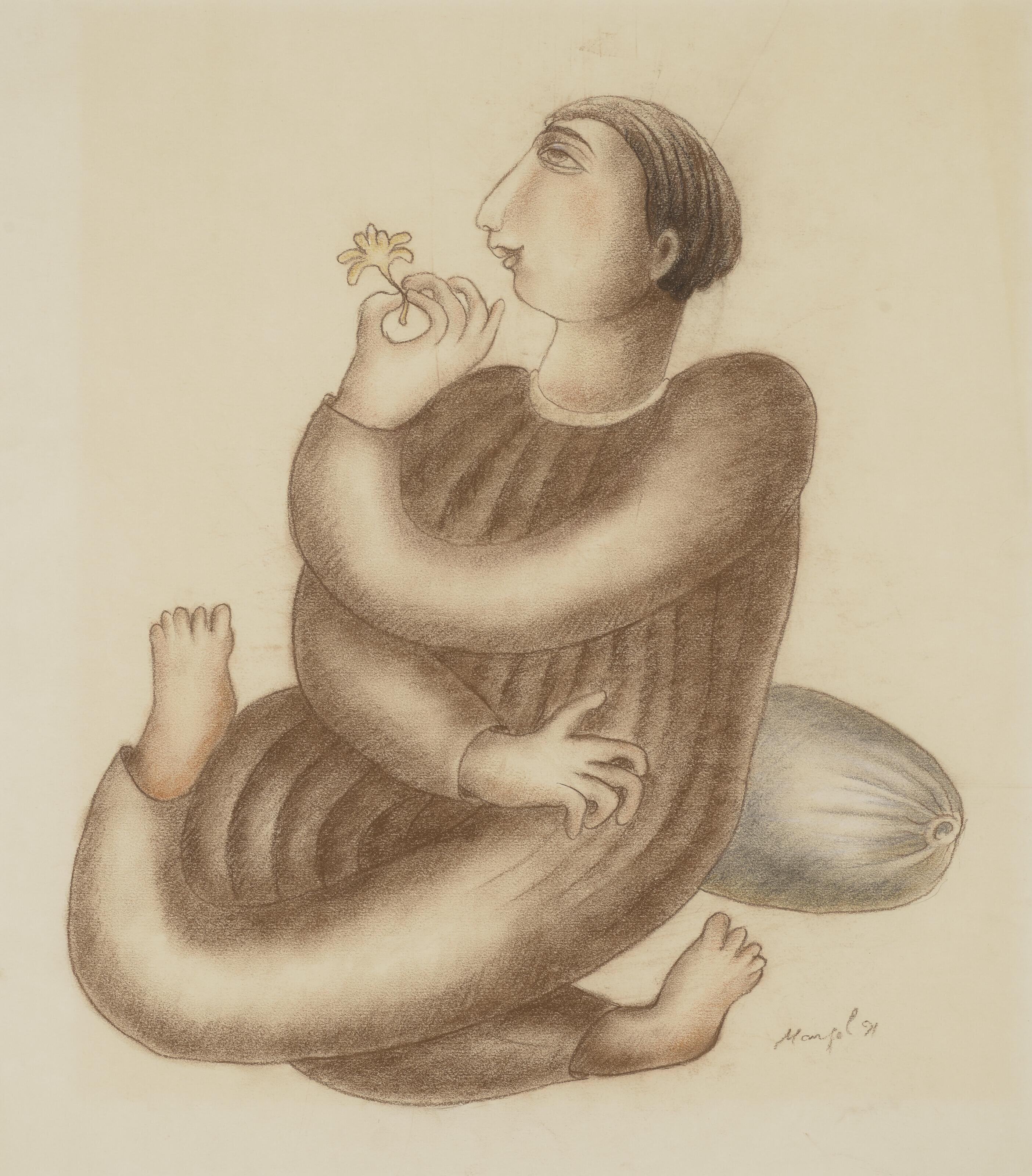 Manjit Bawa - Untitled (Seated Man with Flower)