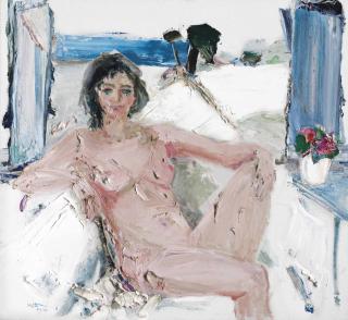 Manoucher Yektai - Untitled (Reclining nude with blue curtains)