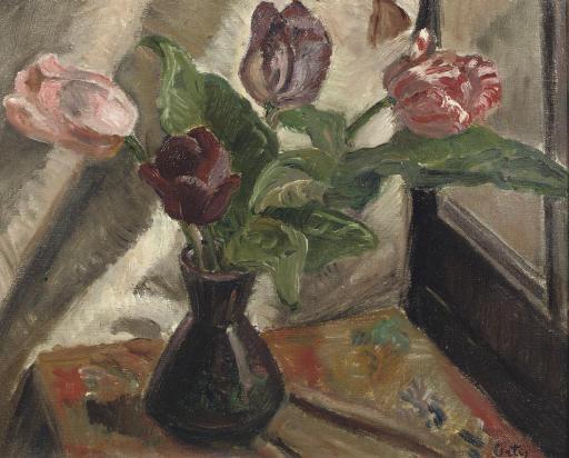 Manuel Ortiz de Zarate - A still life with tulips in a vase