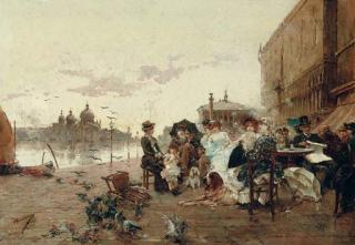 Manuel Ramírez Ibáñez - Mujeres elegantes en Venecia (Elegant figures taking tea before the Doge\'s Palace, Venice)