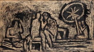 Maqbool Fida Husain - Untitled (Figures under a parasol)
