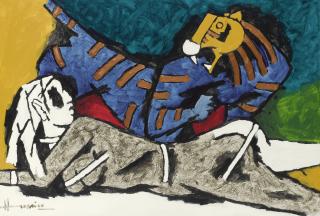 Maqbool Fida Husain - Untitled (Lady And The Tiger)