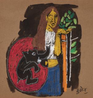 Maqbool Fida Husain - Untitled (Lady with Elephant)