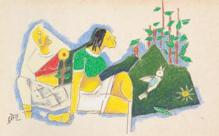 Maqbool Fida Husain - Untitled (Seated women in a landscape)