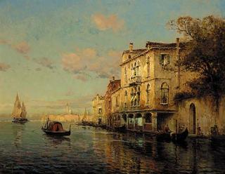 Marc Aldine - A Venetian scene with San Marco in the distance