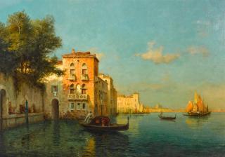 Marc Aldine - Gondoliers on a Venetian canal
