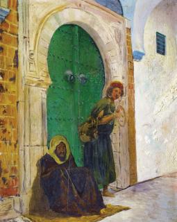 Marc-Alfred Chataud - Homme Et Femme Devant Une Porte Vertemarc-Alfred Chataud ; A Man And A Woman In Front Of A Green Door ; Signed Lower Left ; Oil On Panel
