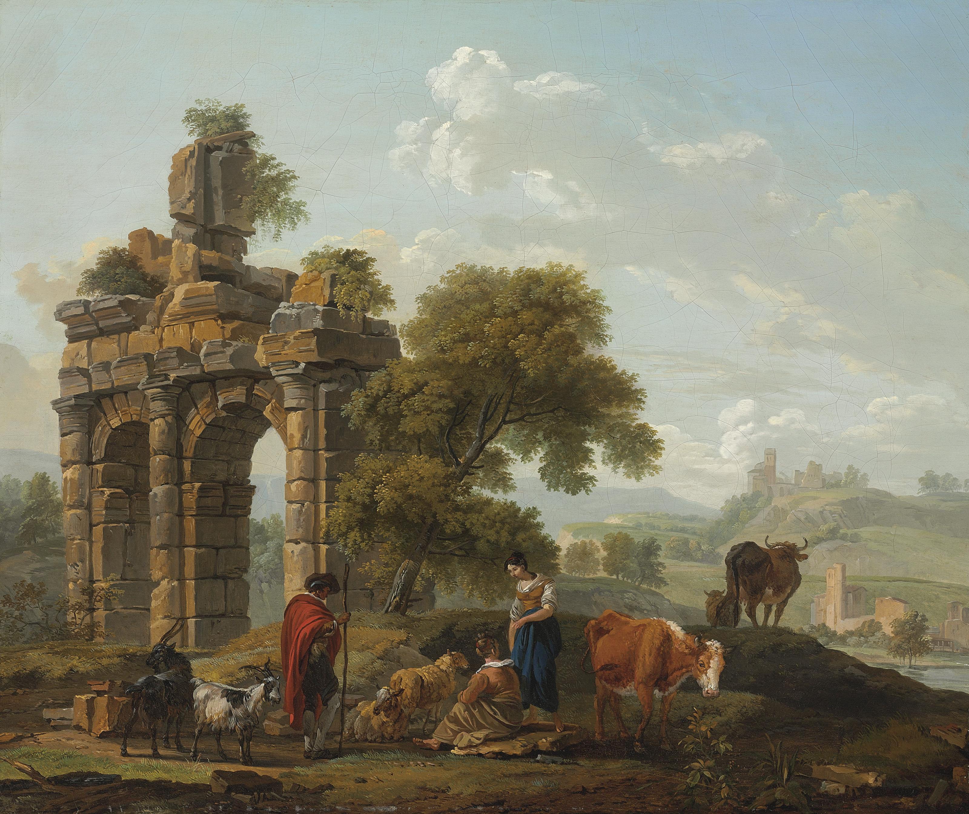 Marc Antoine Michel Hamon Duplessis - Herders And Their Cows Resting Before Classical Ruins